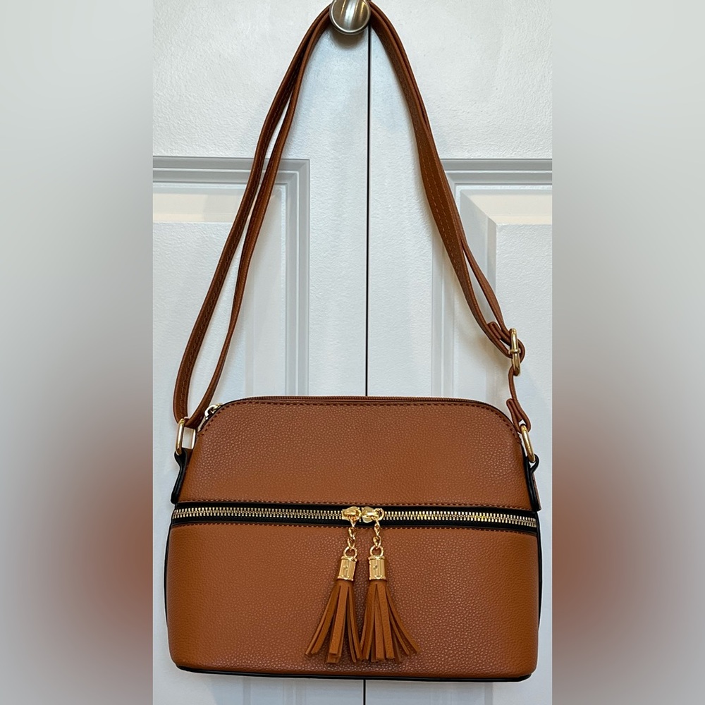 NWT Brown Pebbled Leather Crossbody Bag with Gold Hardware & Tassels